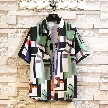 Men's Summer New Color Matching Printed Fashion Style Short-Sleeved Shirt